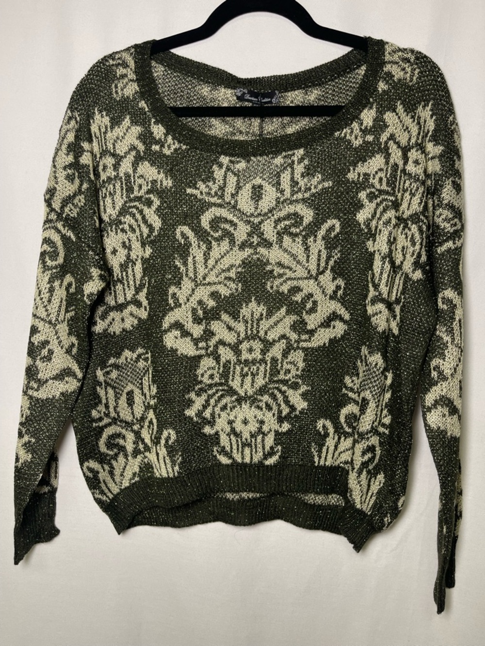 Olive Green and Cream Scoop-Neck Knit Sweater